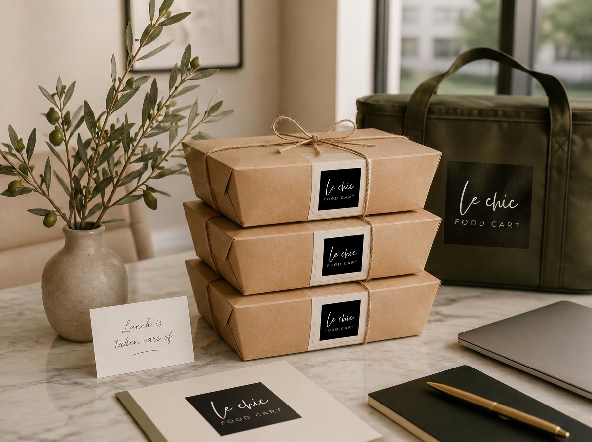 Cajas de almuerzo empacadas listas para entregar en la oficina