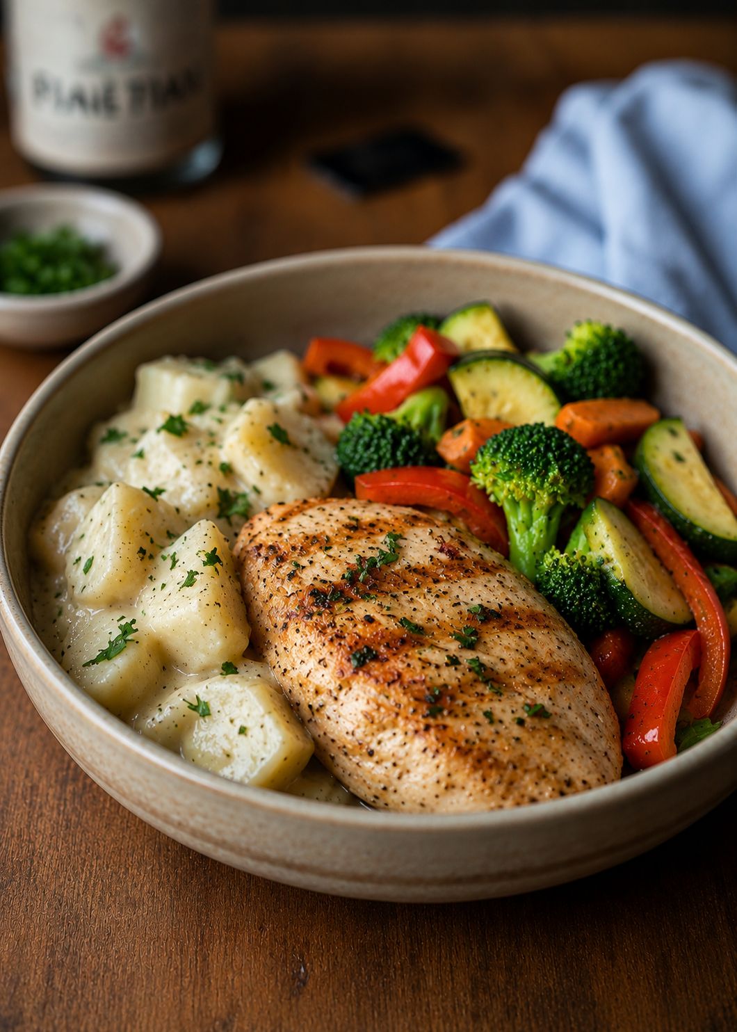 Pollo a la plancha con vegetales y papas a la crema
